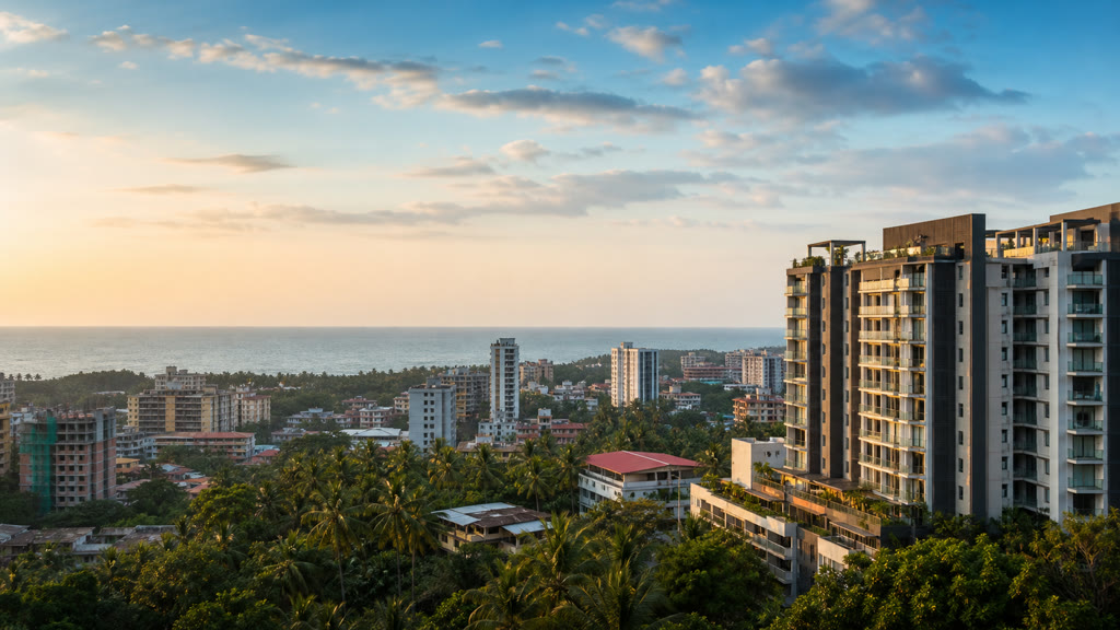 Coastal Mangalore skyline with residential towers, coconut palms and the sea horizon at golden hour