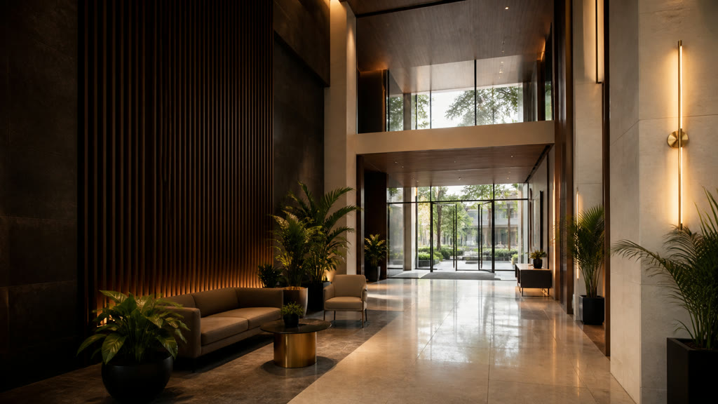 Warm contemporary apartment lobby with stone flooring, timber details and indoor planting
