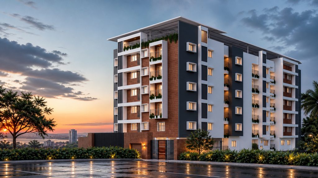Bhandary Canyon residential building at Bejai, Mangalore, shown at dusk with its white, grey and warm cladding facade