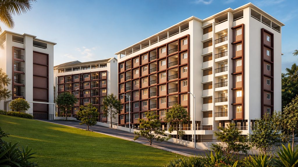 Bhandary Park-Inn residential building at Kadri, Mangalore, with white facade and burgundy balcony grid