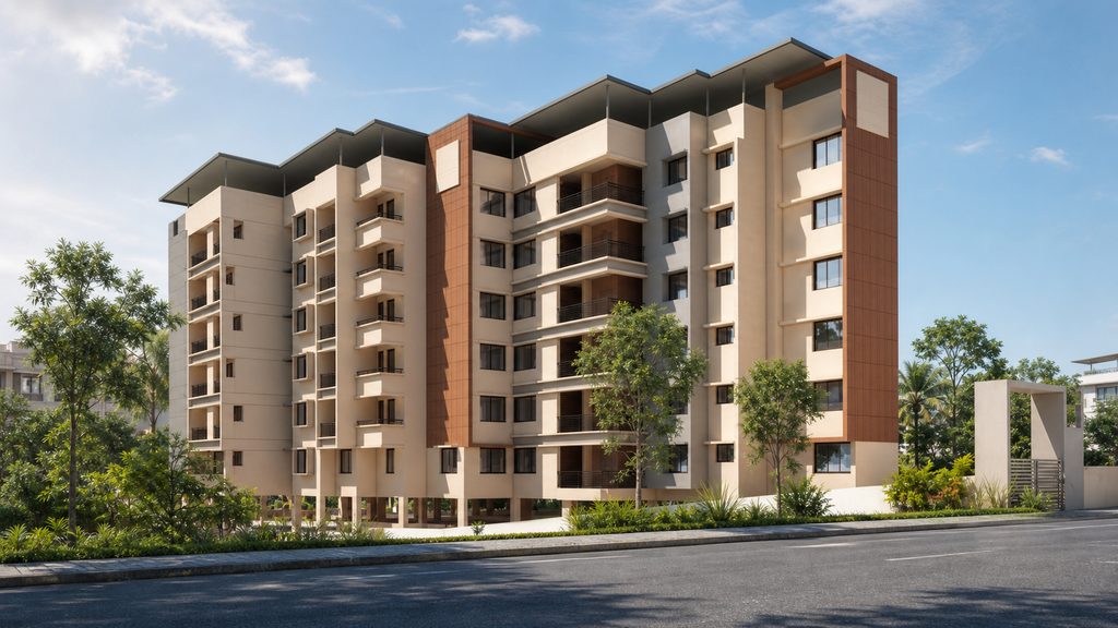 Patla Garden residential building in Dattanagara, Mangalore, with beige facade, brown vertical accents and balcony stacks